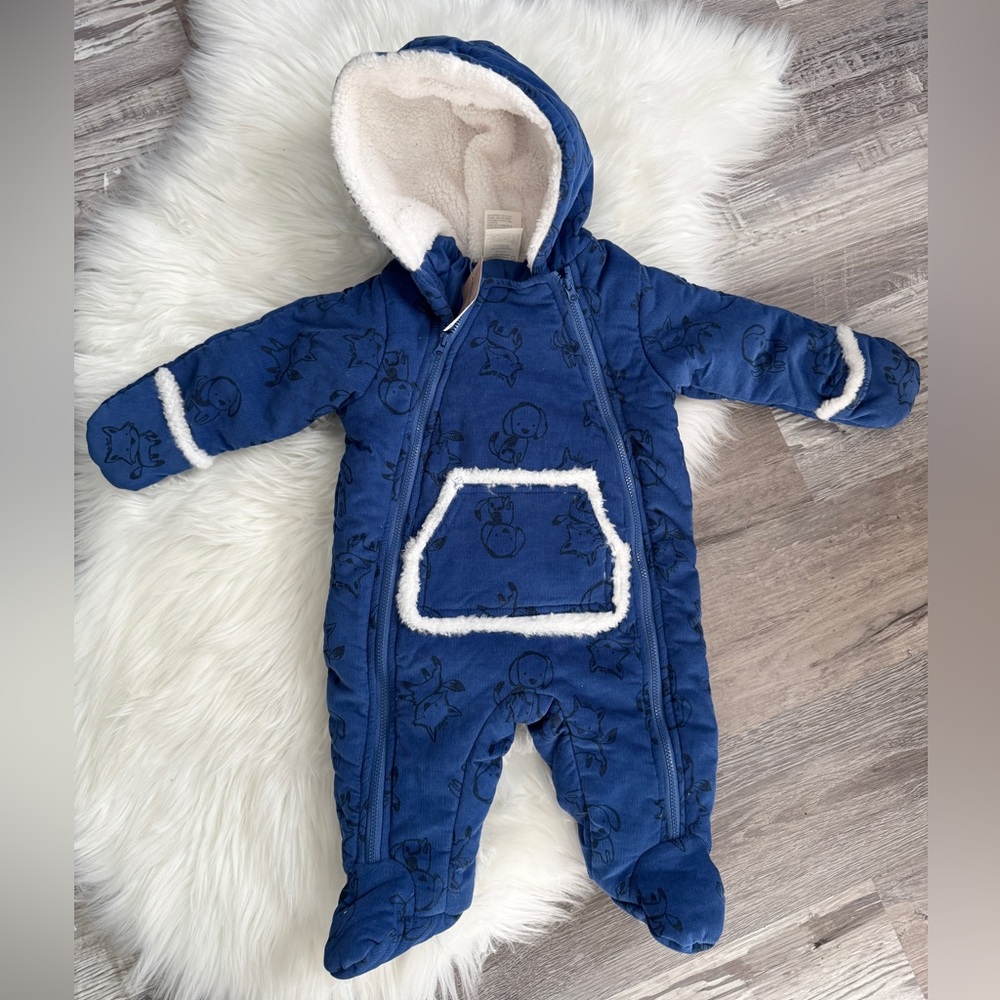 NWT First Impressions Cozy Blue Hooded Fleece Kids One Piece 6-9months